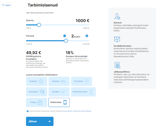 Moneyzen krediidikonto funktsionaalsus