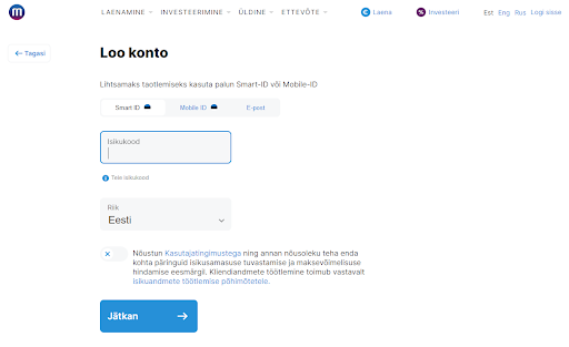 Moneyzen krediidikonto funktsionaalsus