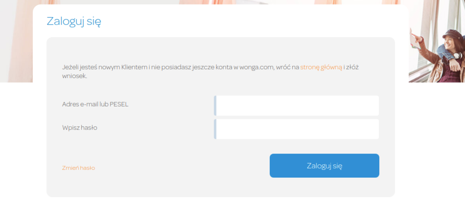 Logowanie do Wonga